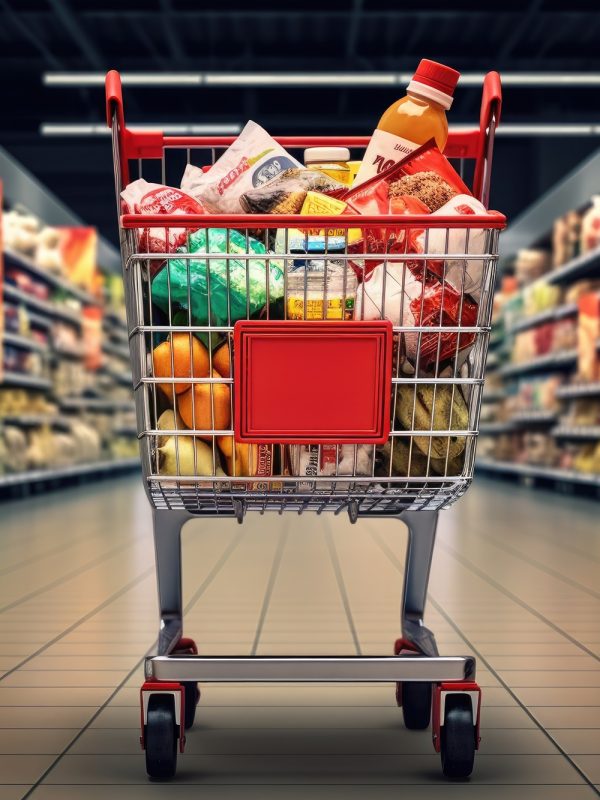 shopping cart full of products inside a supermarket